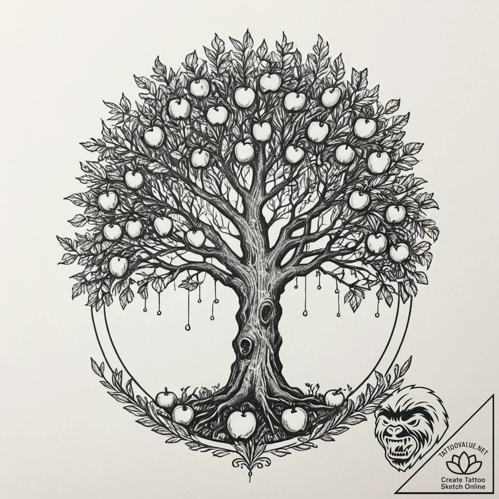 An enchanted apple tree bearing glowing fruit... - tattoo sketch (№1752308123_0, 12.07.2025 08:15) — tattoovalue.net
