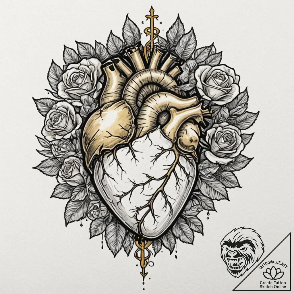 Kintsugi anatomical heart (repaired with gold... - tattoo sketch (№1752308292_0, 12.07.2025 08:18) — tattoovalue.net