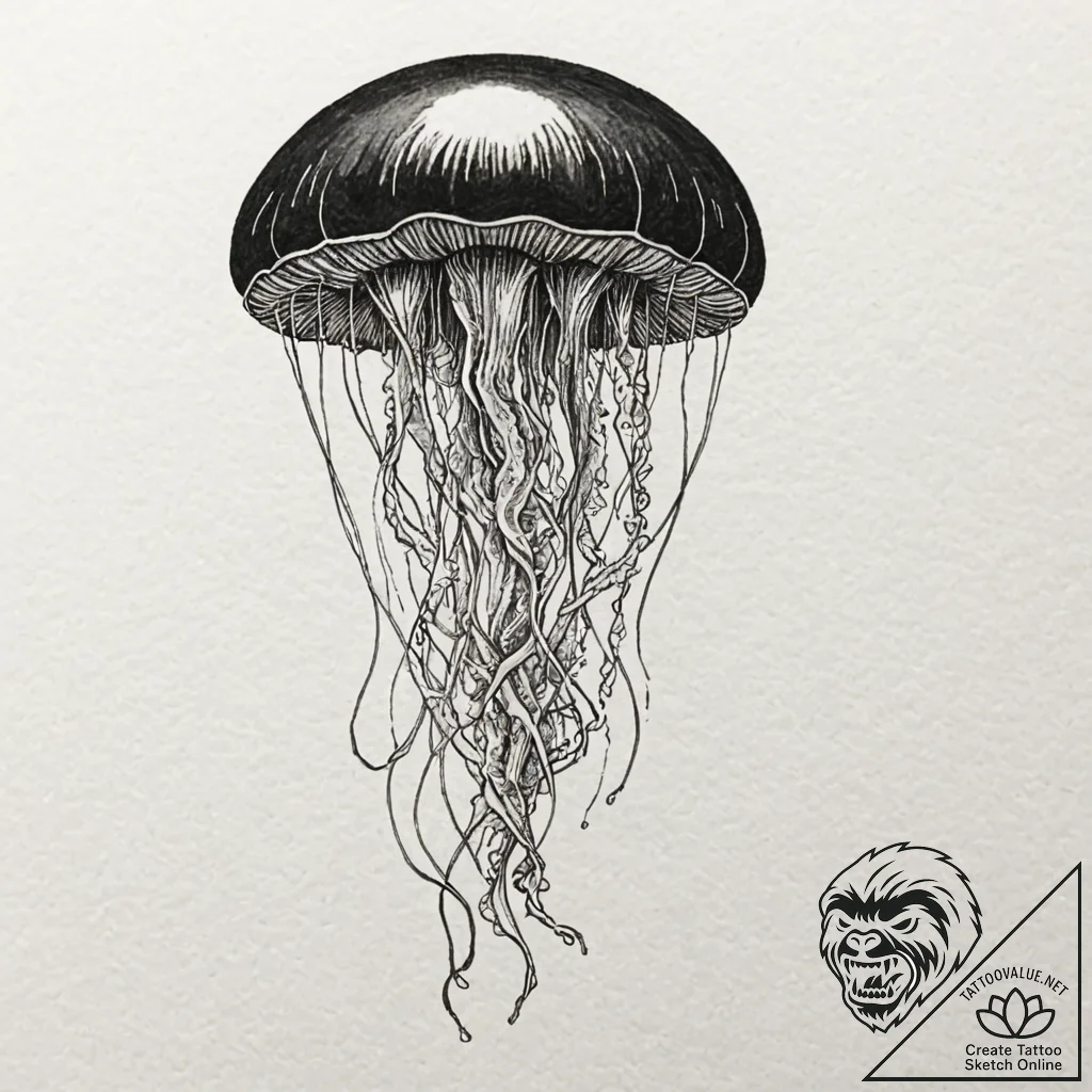 Jellyfish, tattoo line art, dotwork shading,... - tattoo sketch (№1752308881_0, 12.07.2025 08:28) — tattoovalue.net