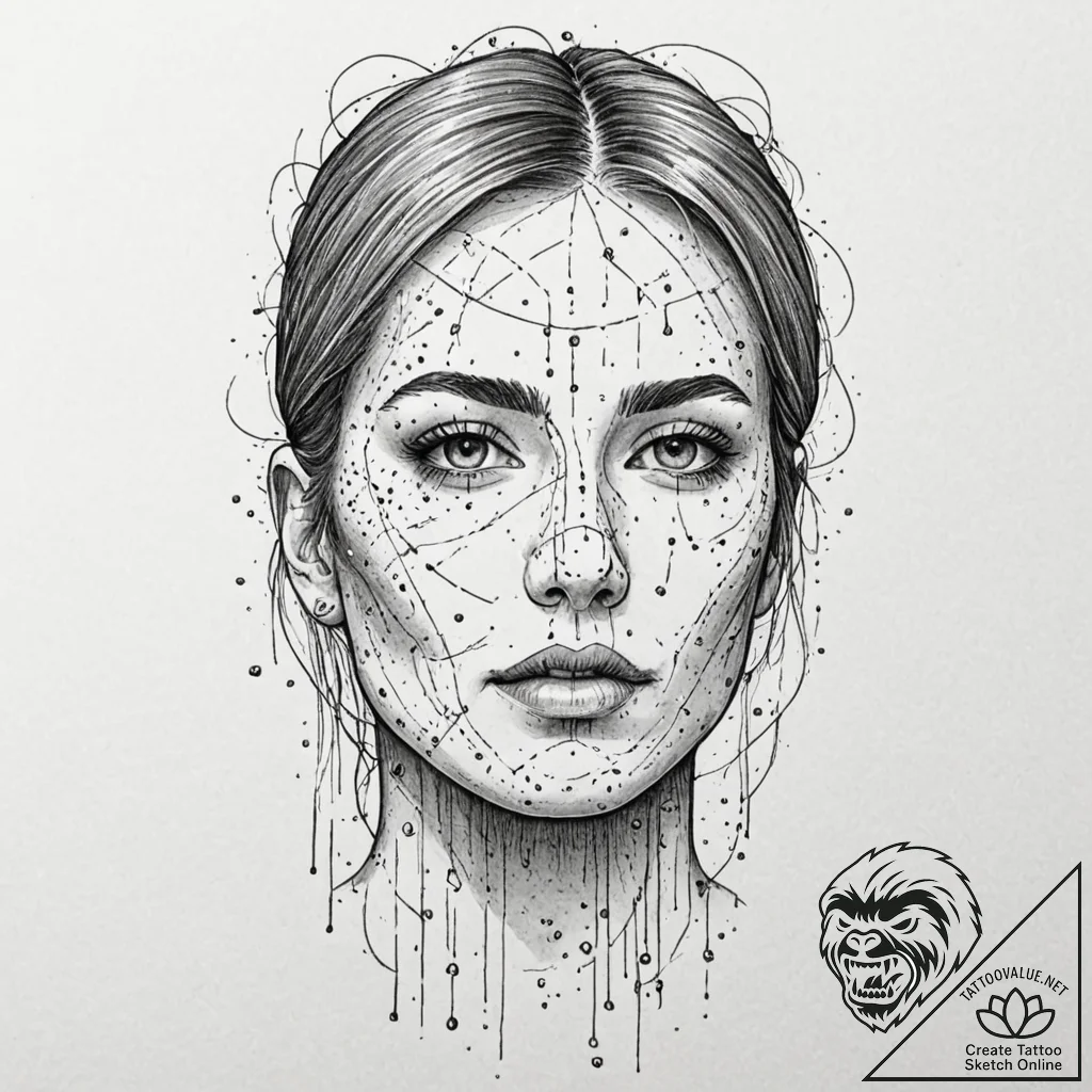 Binary code raining down to form a ghostly hu... - tattoo sketch (№1752309051_0, 12.07.2025 08:30) — tattoovalue.net