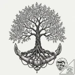 Iron roots entwining sacred tree, ink illustr… – tattoo sketch (№1752309898_0, 12.07.2025 08:44) — tattoovalue.net