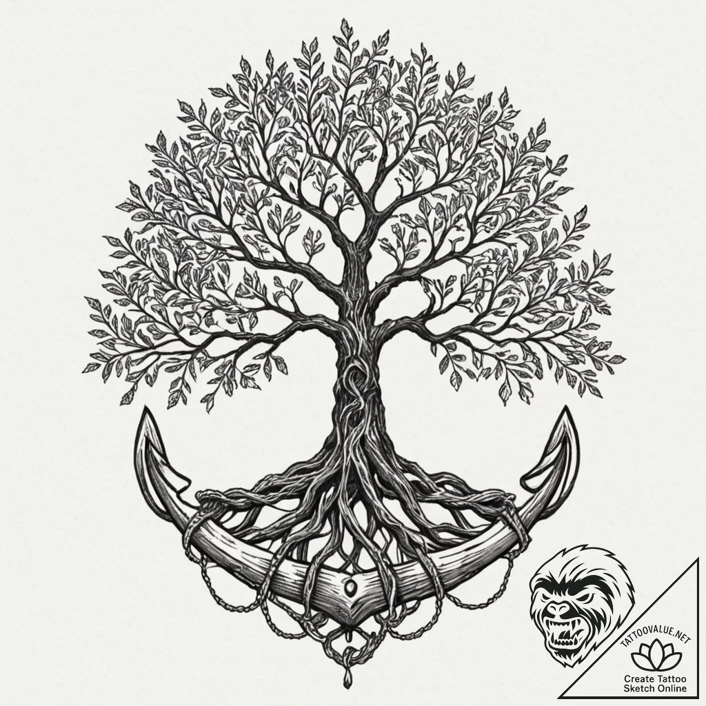 Iron roots entwining sacred tree, ink illustr... - tattoo sketch (№1752309898_0, 12.07.2025 08:44) — tattoovalue.net