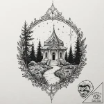Overgrown temple beneath starry sky, artistic… – tattoo sketch (№1752310483_0, 12.07.2025 08:54) — tattoovalue.net