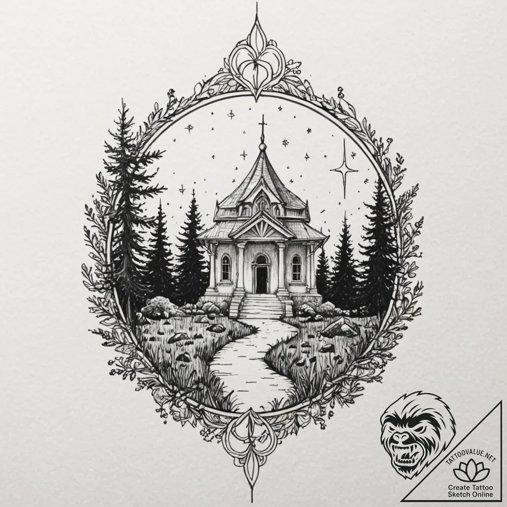 Overgrown temple beneath starry sky, artistic... - tattoo sketch (№1752310483_0, 12.07.2025 08:54) — tattoovalue.net