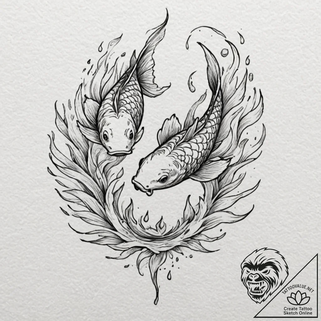 Koi fish leaping through fire, concept art fo... - tattoo sketch (№1752310651_0, 12.07.2025 08:57) — tattoovalue.net