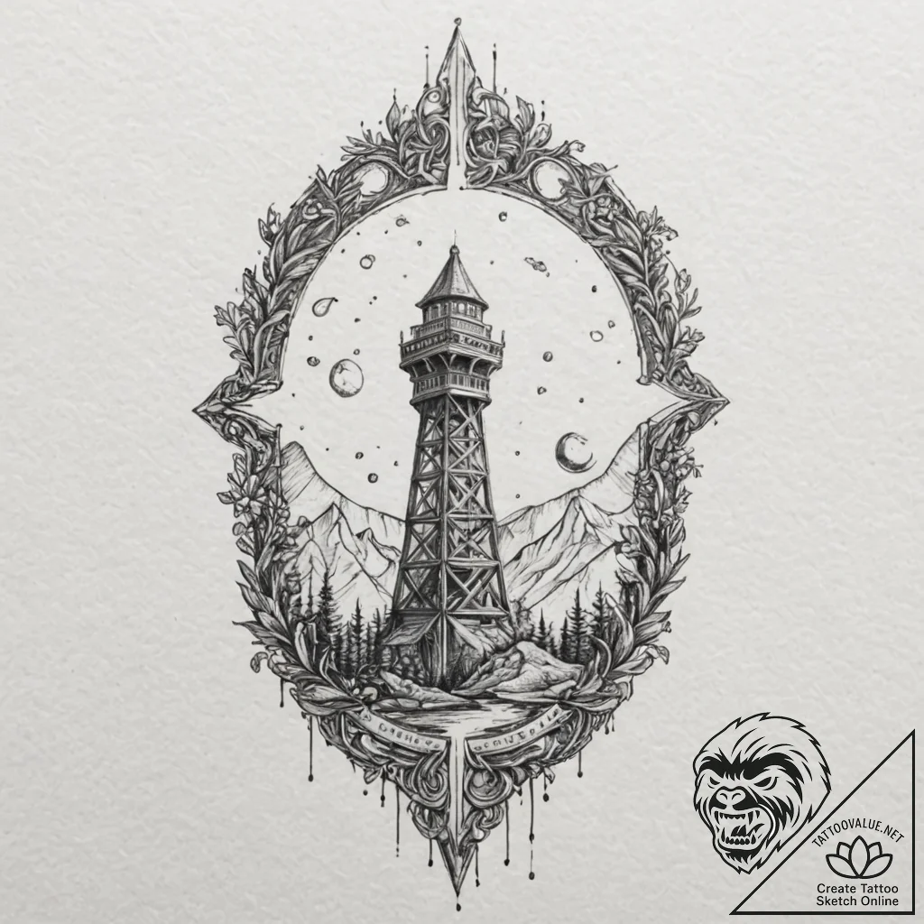 Opal moon above shattered tower, tattoo flash... - tattoo sketch (№1752311827_0, 12.07.2025 09:17) — tattoovalue.net