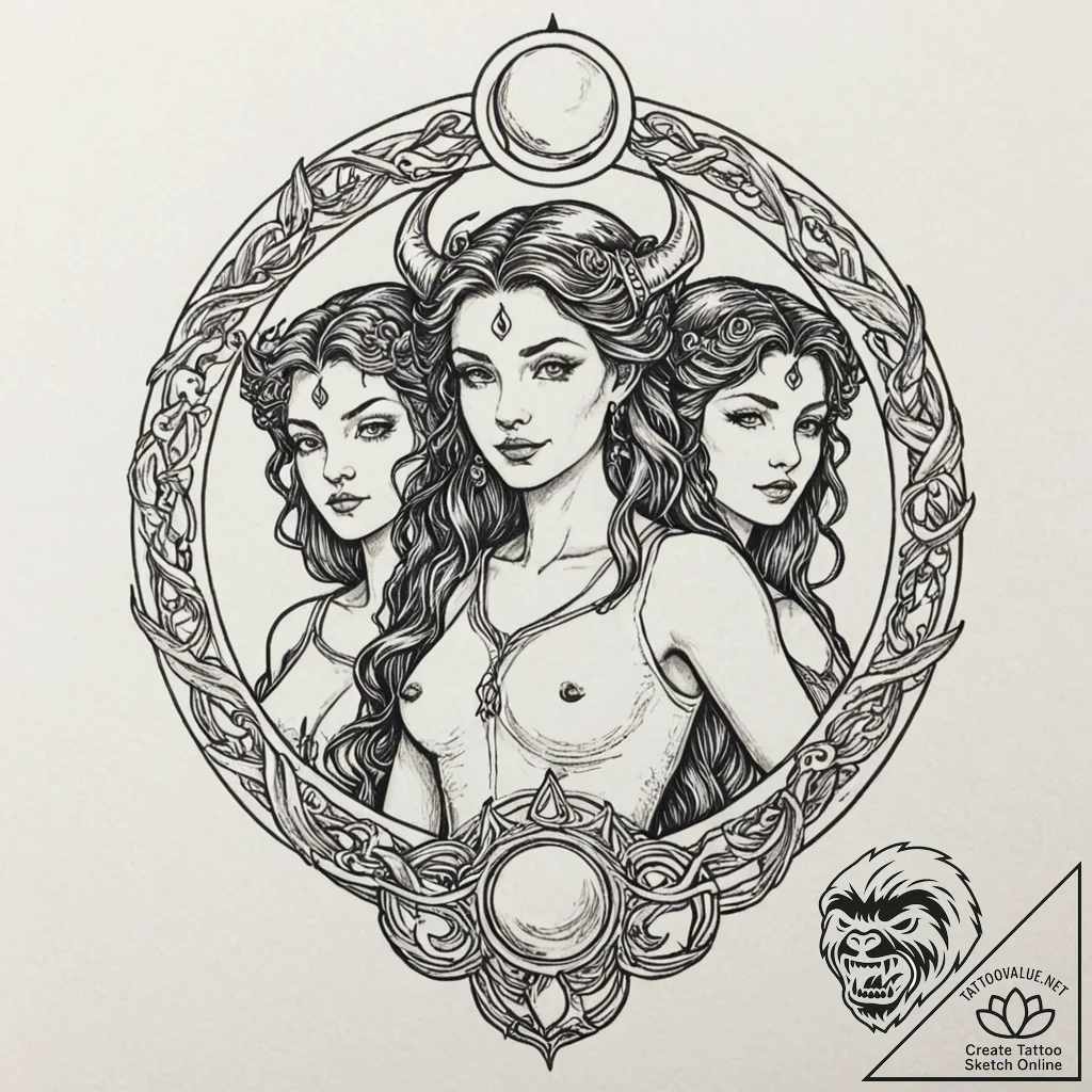 Hecate's triple goddess symbol (waxing, full,... - tattoo sketch (№1752311912_0, 12.07.2025 09:18) — tattoovalue.net