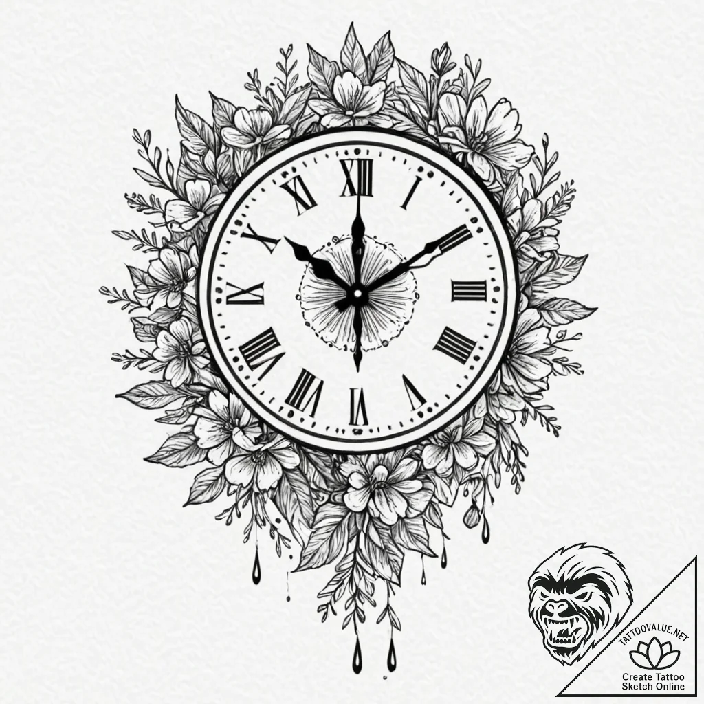 Clock hands made of wilting flower stems, tat... - tattoo sketch (№1752312247_0, 12.07.2025 09:24) — tattoovalue.net