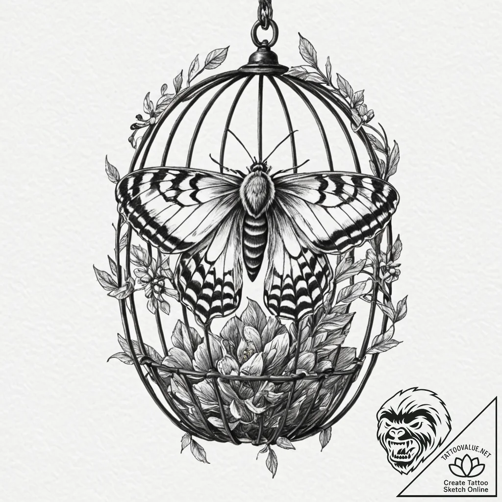 Moth cocoon within iron cage, tattoo flash sh... - tattoo sketch (№1752312748_0, 12.07.2025 09:32) — tattoovalue.net