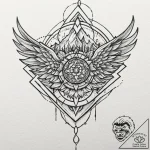Etched wings above burning city, tattoo flash… – tattoo sketch (№1752313422_0, 12.07.2025 09:43) — tattoovalue.net