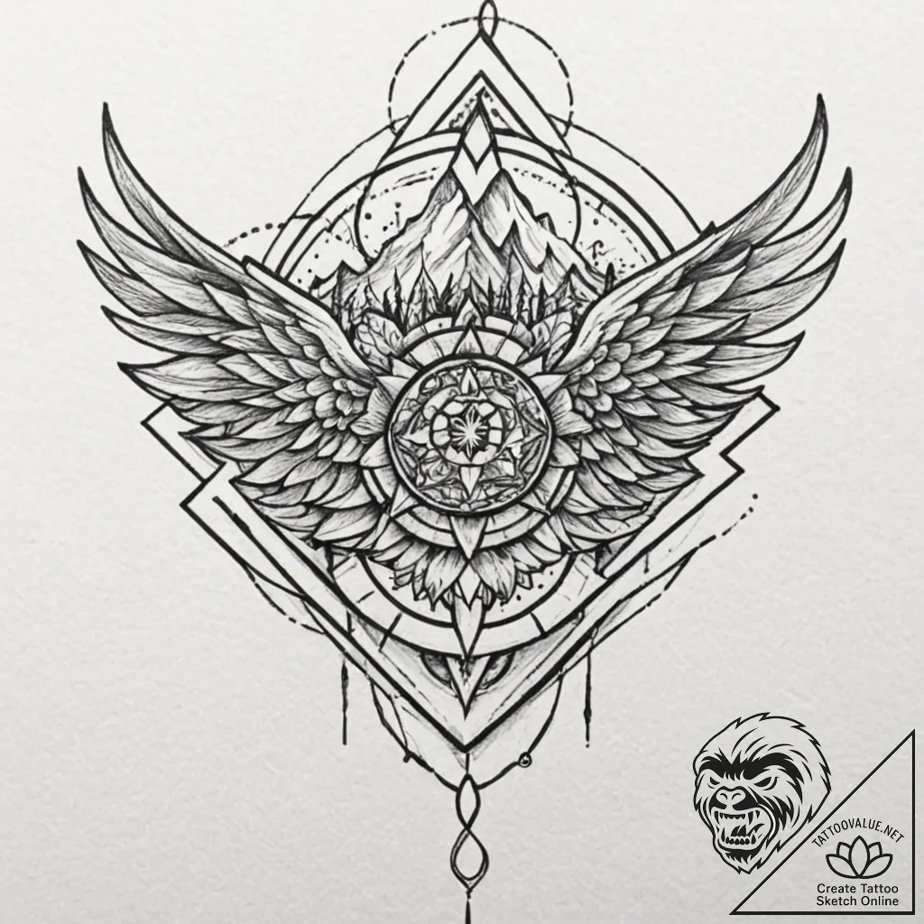 Etched wings above burning city, tattoo flash... - tattoo sketch (№1752313422_0, 12.07.2025 09:43) — tattoovalue.net