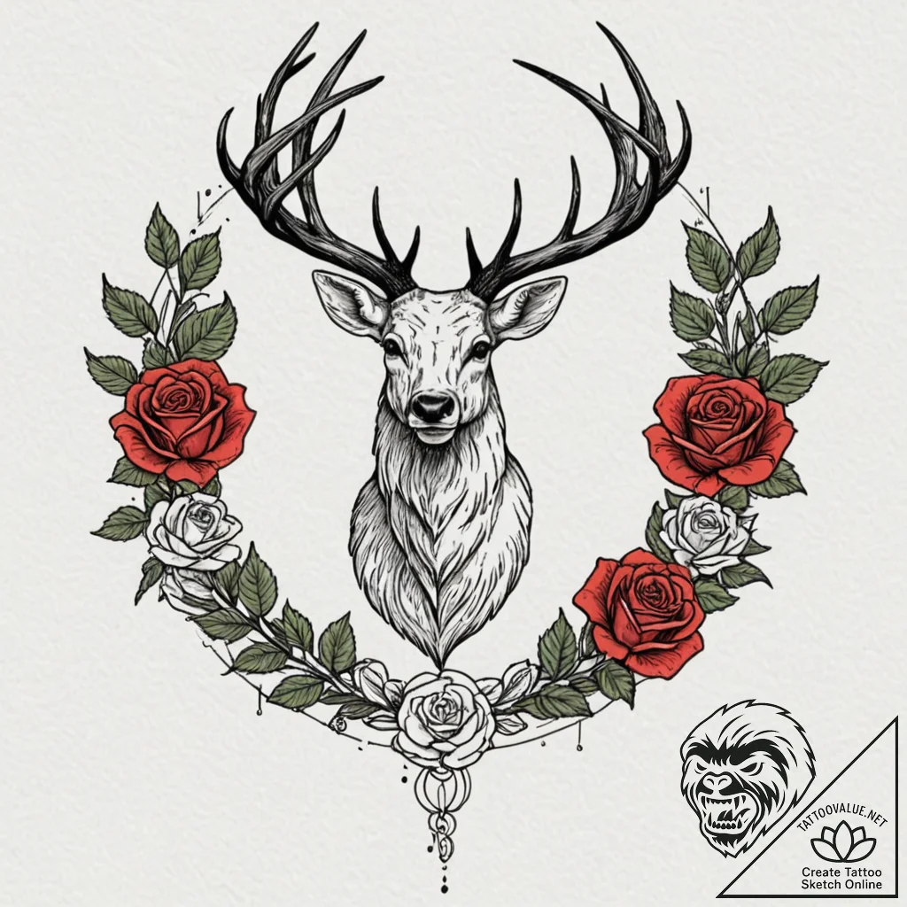 Ancient stag roaring at twin moons, tattoo dr... - tattoo sketch (№1752315088_0, 12.07.2025 10:11) — tattoovalue.net