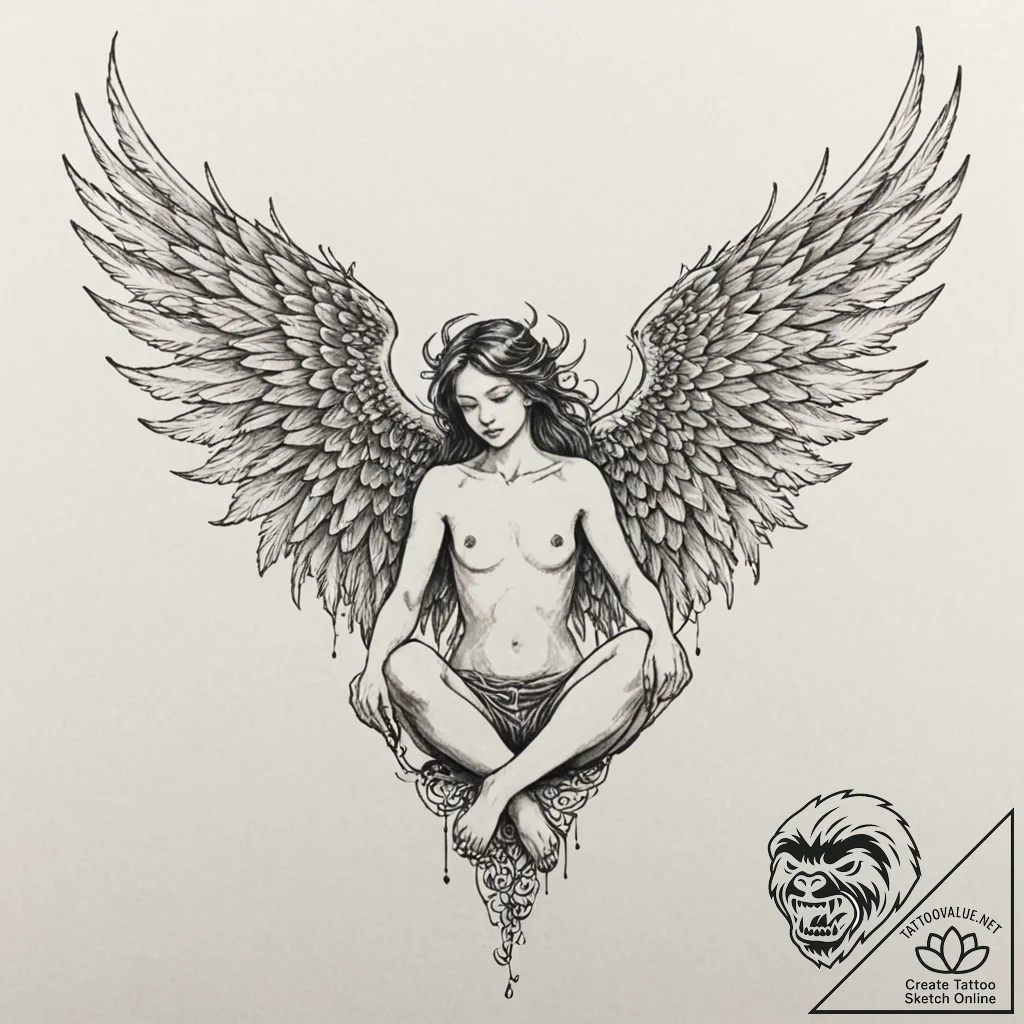 Fallen angel with tattered wings, tattoo sket... - tattoo sketch (№1752316013_0, 12.07.2025 10:26) — tattoovalue.net