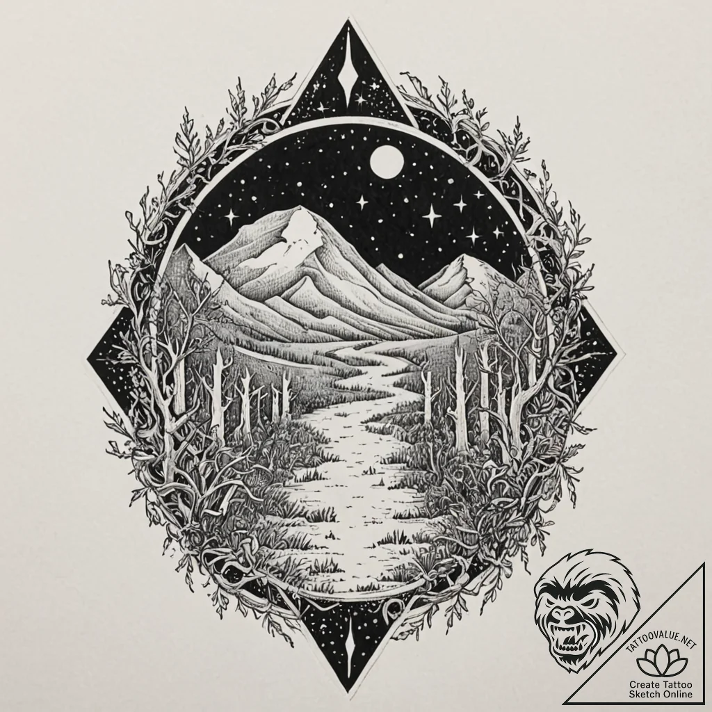 Palisade of bones beneath starlight, ink illu... - tattoo sketch (№1752316095_0, 12.07.2025 10:28) — tattoovalue.net