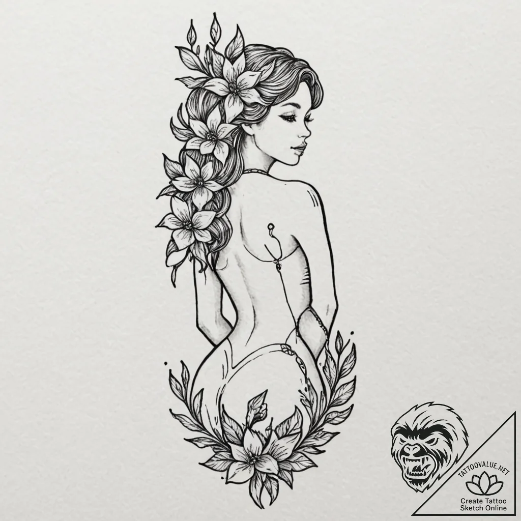 Woman's back with a spine depicted as a bloom... - tattoo sketch (№1752316845_0, 12.07.2025 10:40) — tattoovalue.net