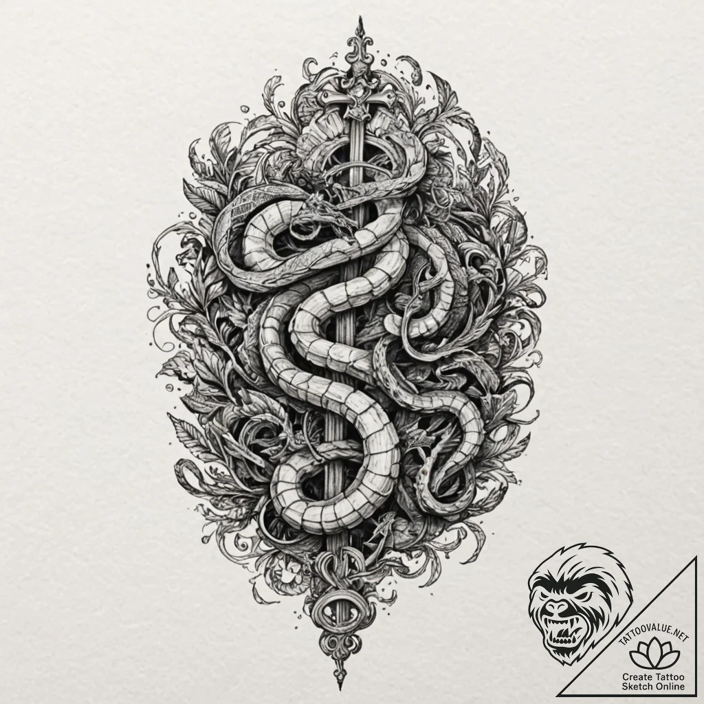 Hidden serpent crowned in bone, concept art f... - tattoo sketch (№1752317181_0, 12.07.2025 10:46) — tattoovalue.net