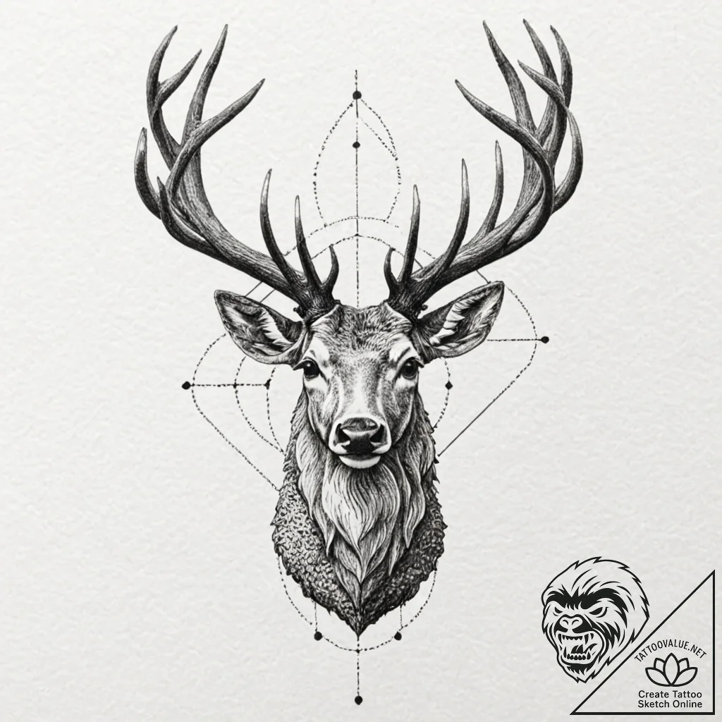 Ashen stag with hollow eyes, tattoo line art,... - tattoo sketch (№1752317264_0, 12.07.2025 10:47) — tattoovalue.net