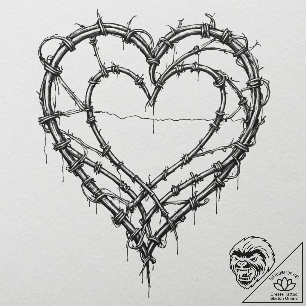 Barbed wire heart, artistic tattoo sketch, or... - tattoo sketch (№1752317347_0, 12.07.2025 10:49) — tattoovalue.net
