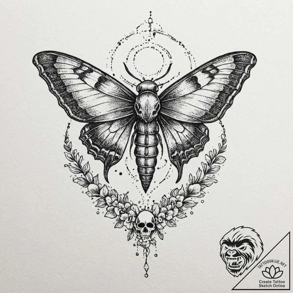 Hawk moth with skull pattern on its back, tat... - tattoo sketch (№1752317849_0, 12.07.2025 10:57) — tattoovalue.net