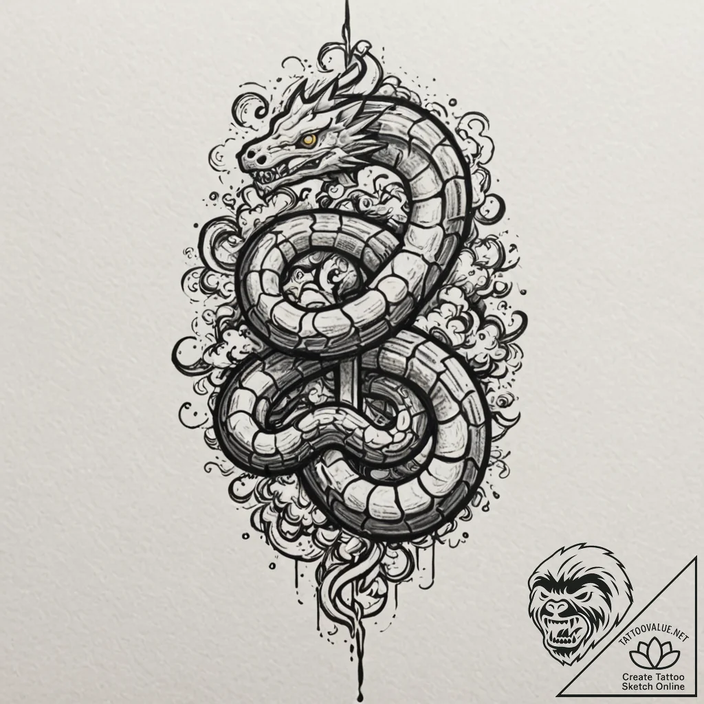 Engraved serpent beneath storm sky, tattoo sk... - tattoo sketch (№1752318099_0, 12.07.2025 11:01) — tattoovalue.net
