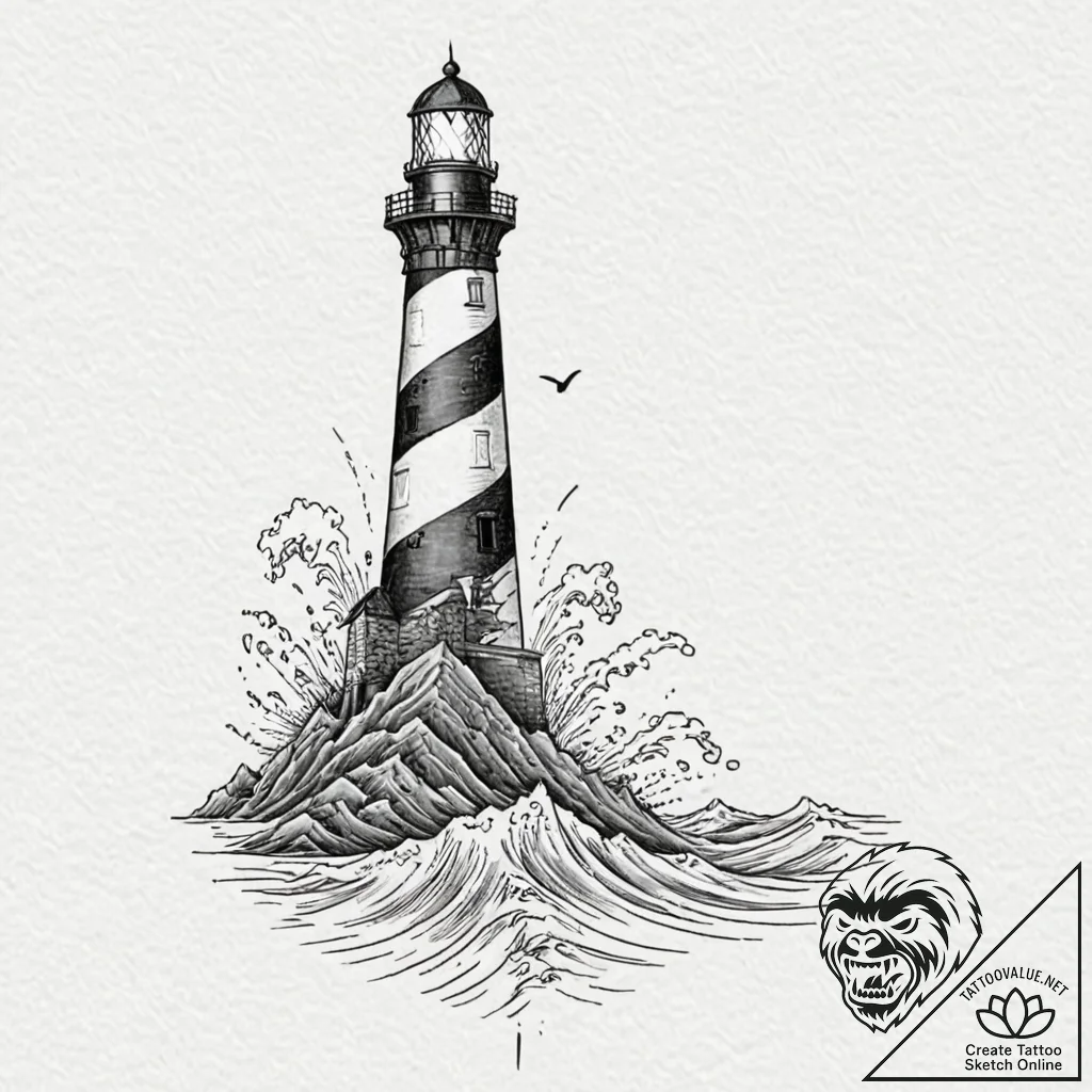Lighthouse collapsing beneath waves, tattoo s... - tattoo sketch (№1752318183_0, 12.07.2025 11:03) — tattoovalue.net