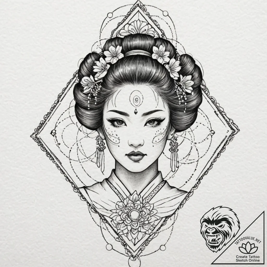 Cyborg geisha, tattoo line art, stylized inte... - tattoo sketch (№1752318842_0, 12.07.2025 11:14) — tattoovalue.net