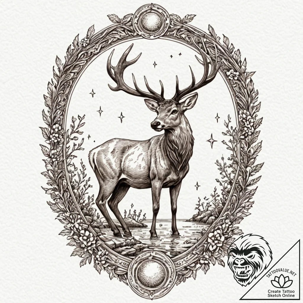 Angelic stag stepping through celestial pool,... - tattoo sketch (№1752318996_0, 12.07.2025 11:16) — tattoovalue.net