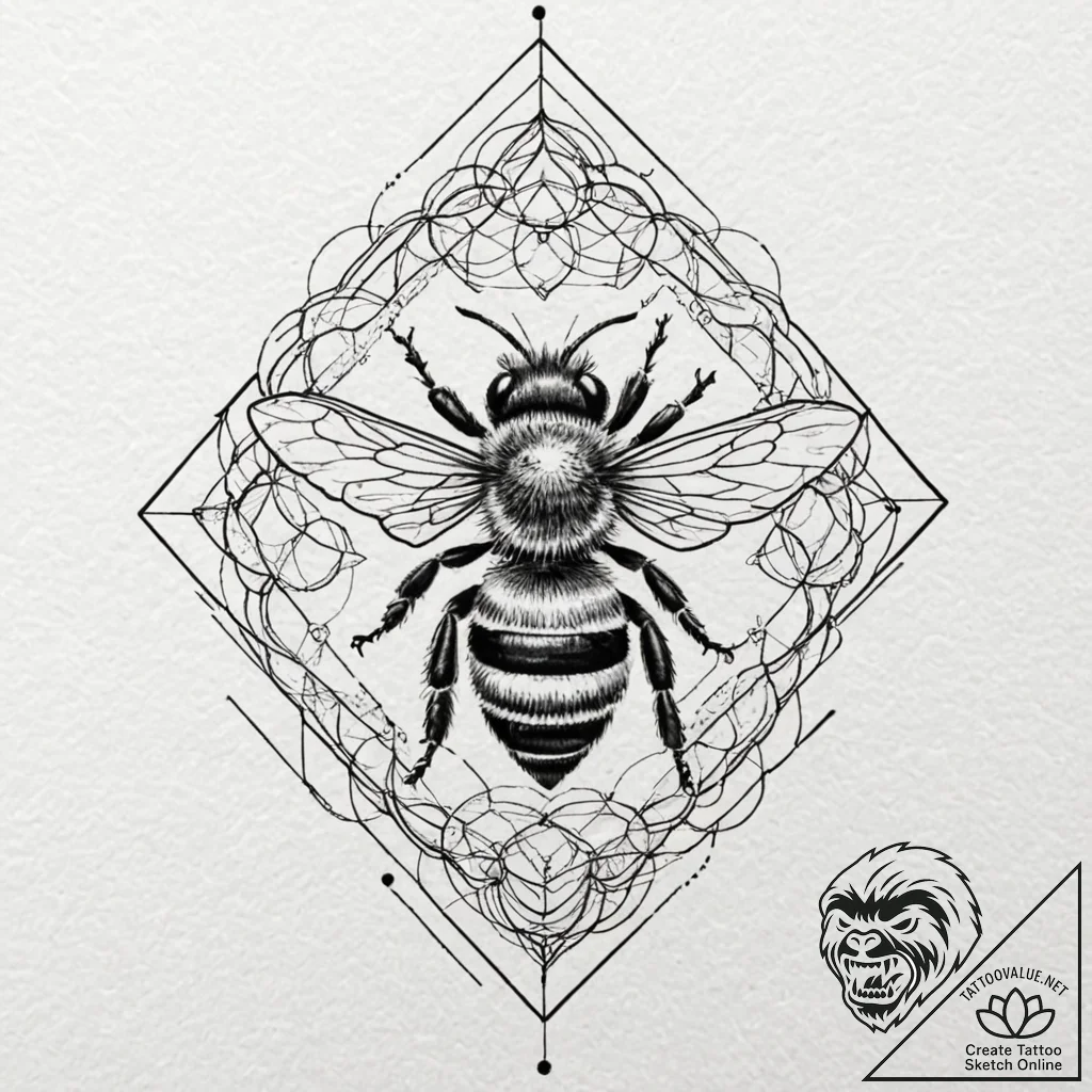 Honeybee on a honeycomb of geometric patterns... - tattoo sketch (№1752319314_0, 12.07.2025 11:21) — tattoovalue.net