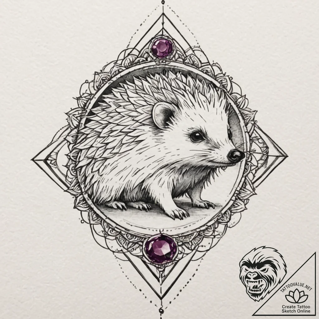 Hedgehog with spines of amethyst crystals, co... - tattoo sketch (№1752319478_0, 12.07.2025 11:24) — tattoovalue.net