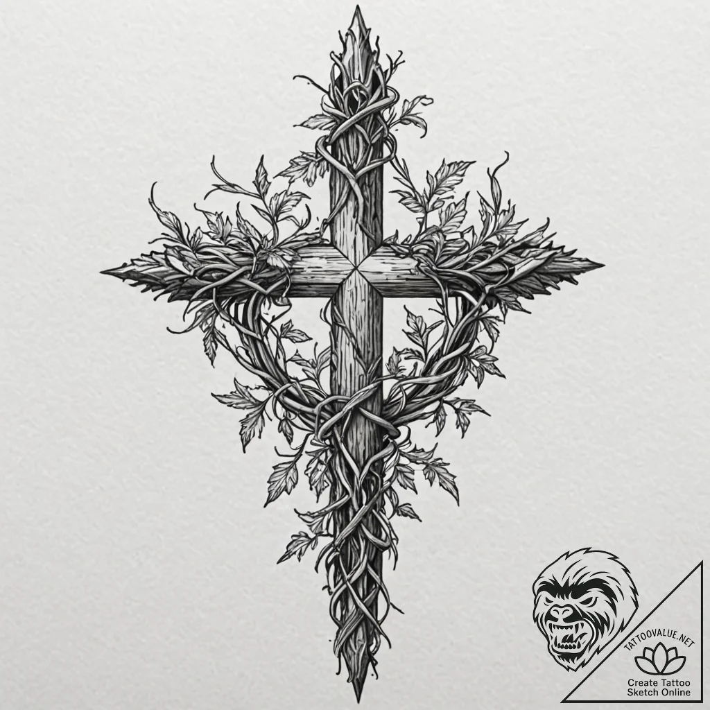 Palisade overgrown with thorned vines, ink il... - tattoo sketch (№1752319556_0, 12.07.2025 11:25) — tattoovalue.net