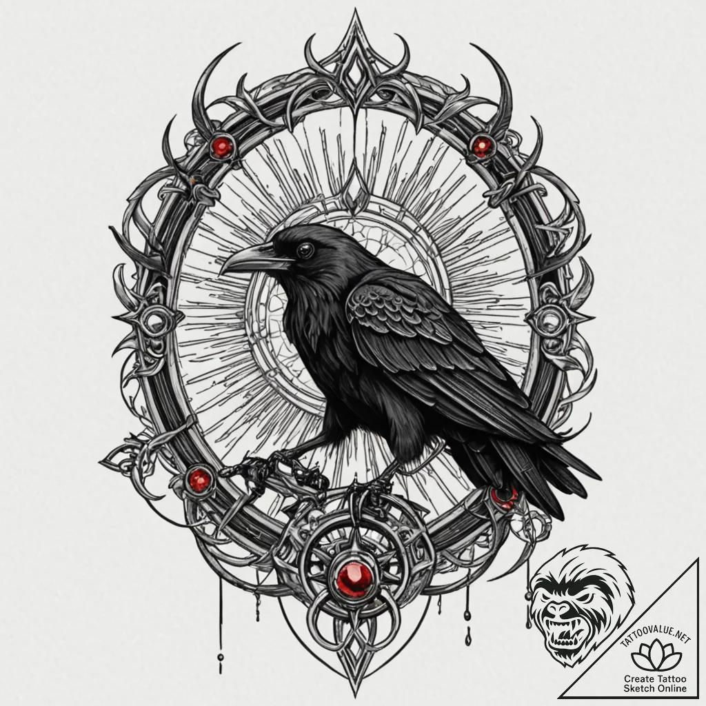 Onyx raven perched on cracked helm, tattoo fl... - tattoo sketch (№1752320112_0, 12.07.2025 11:35) — tattoovalue.net