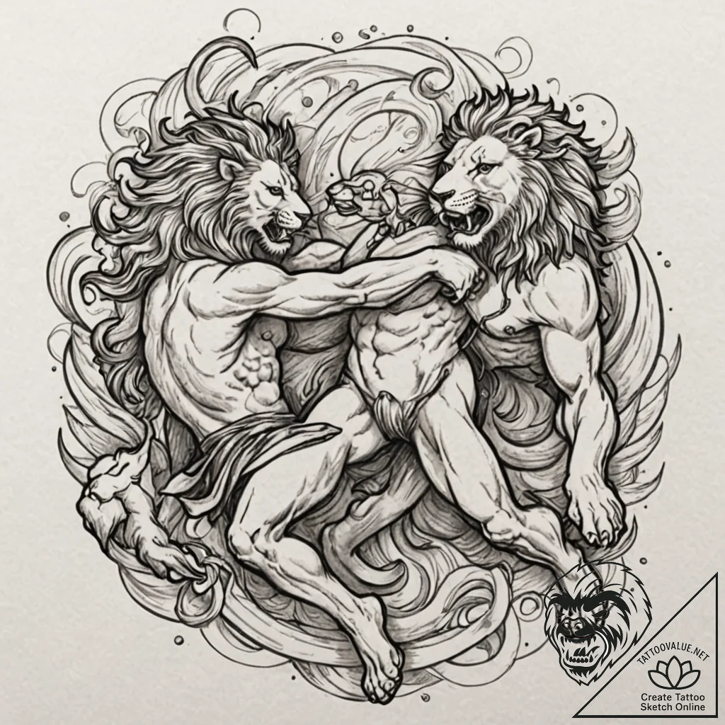 Heracles battling the nemean lion, ink illust... - tattoo sketch (№1752321455_0, 12.07.2025 11:57) — tattoovalue.net