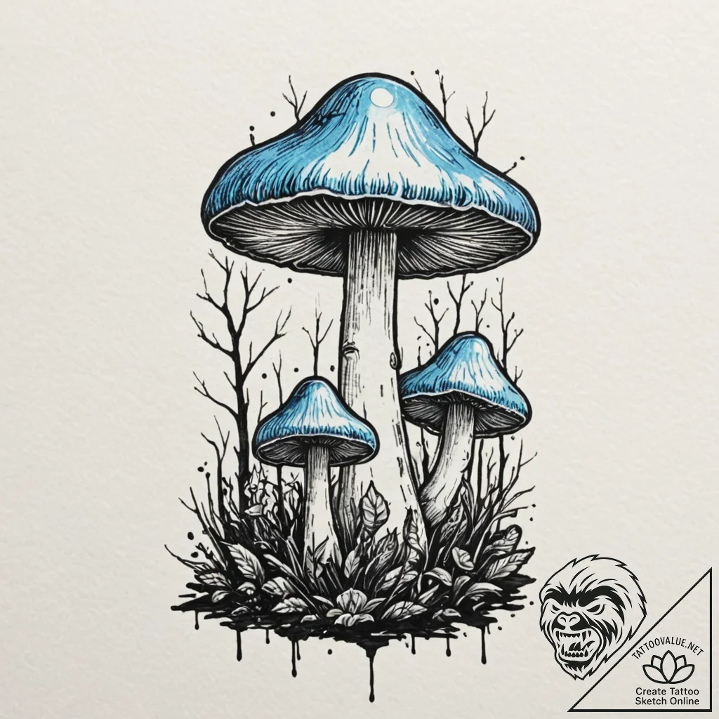 A mystical blue mushroom glowing in a dark fo... - tattoo sketch (№1752321780_0, 12.07.2025 12:03) — tattoovalue.net