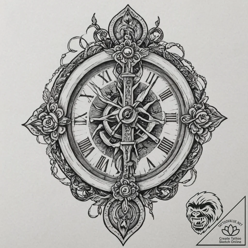 Broken timepiece with skeletal hands, tattoo... - tattoo sketch (№1752321865_0, 12.07.2025 12:04) — tattoovalue.net