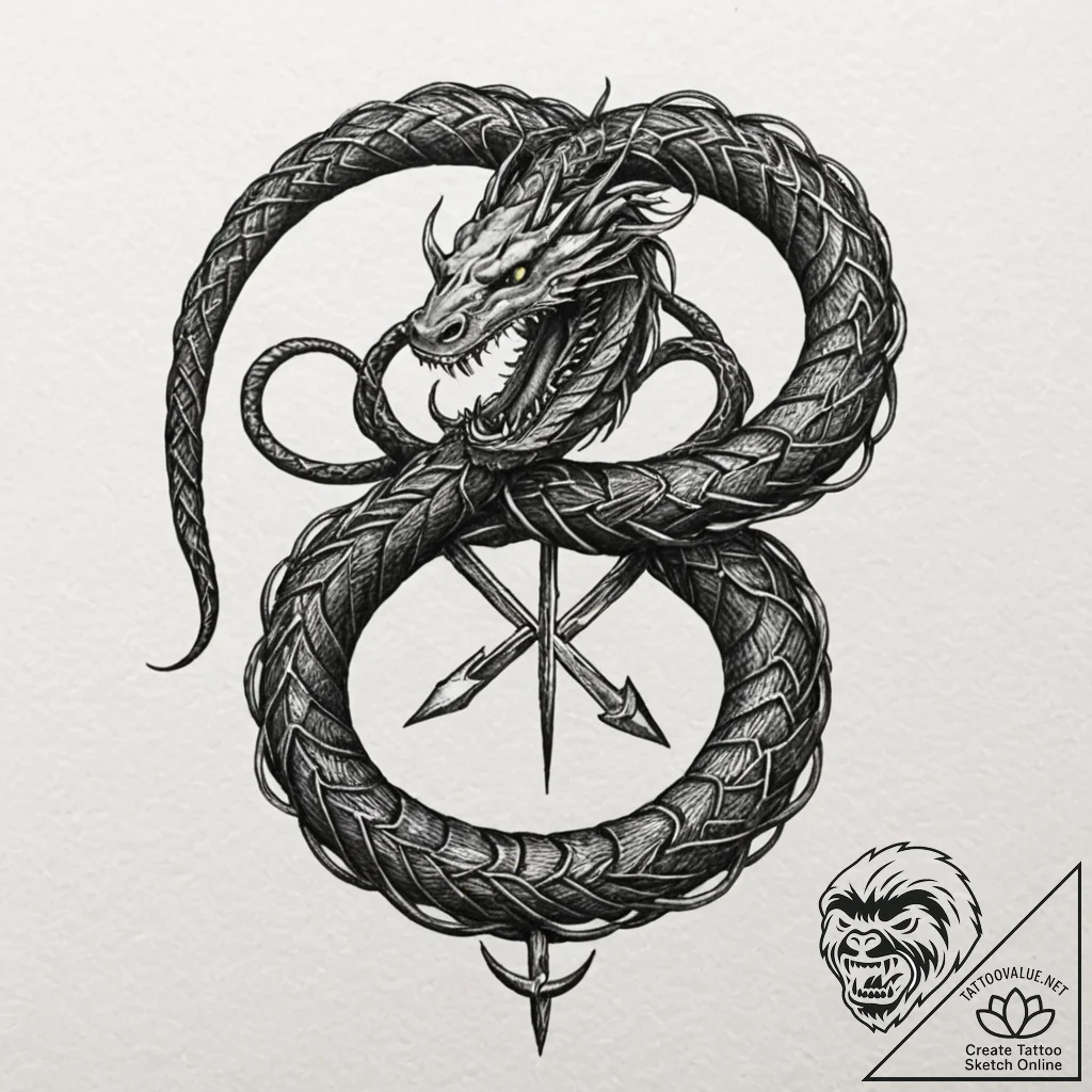 Black serpent devouring rune, ink illustratio... - tattoo sketch (№1752321947_0, 12.07.2025 12:05) — tattoovalue.net