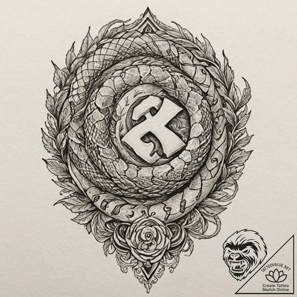 Unfurling serpent devouring rune, artistic ta... - tattoo sketch (№1752322199_0, 12.07.2025 12:09) — tattoovalue.net
