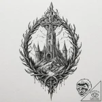 Oak crown beneath shattered spire, tattoo fla… – tattoo sketch (№1752322450_0, 12.07.2025 12:14) — tattoovalue.net
