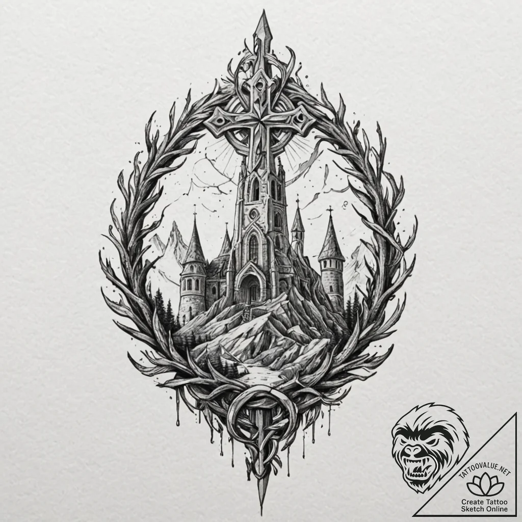 Oak crown beneath shattered spire, tattoo fla... - tattoo sketch (№1752322450_0, 12.07.2025 12:14) — tattoovalue.net