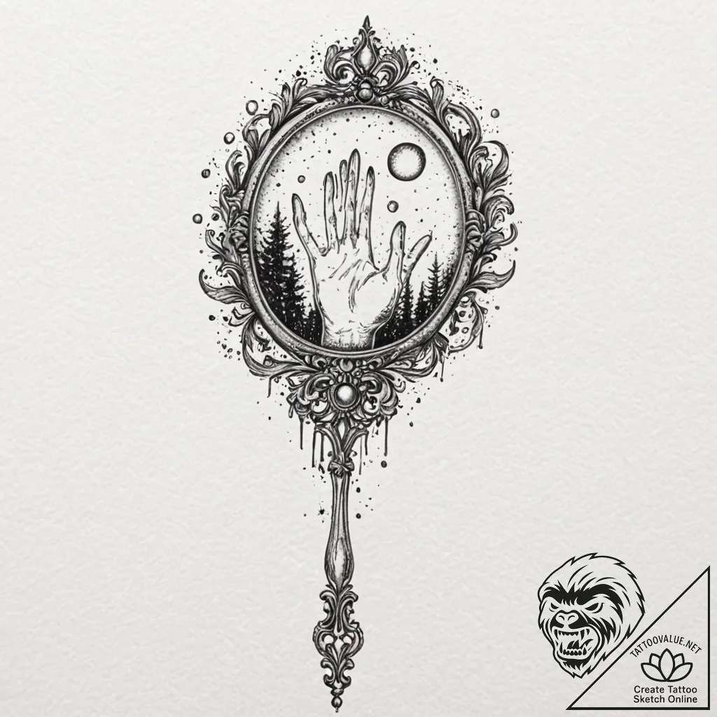 A hand mirror reflecting a ghostly figure, ar... - tattoo sketch (№1752322699_0, 12.07.2025 12:18) — tattoovalue.net