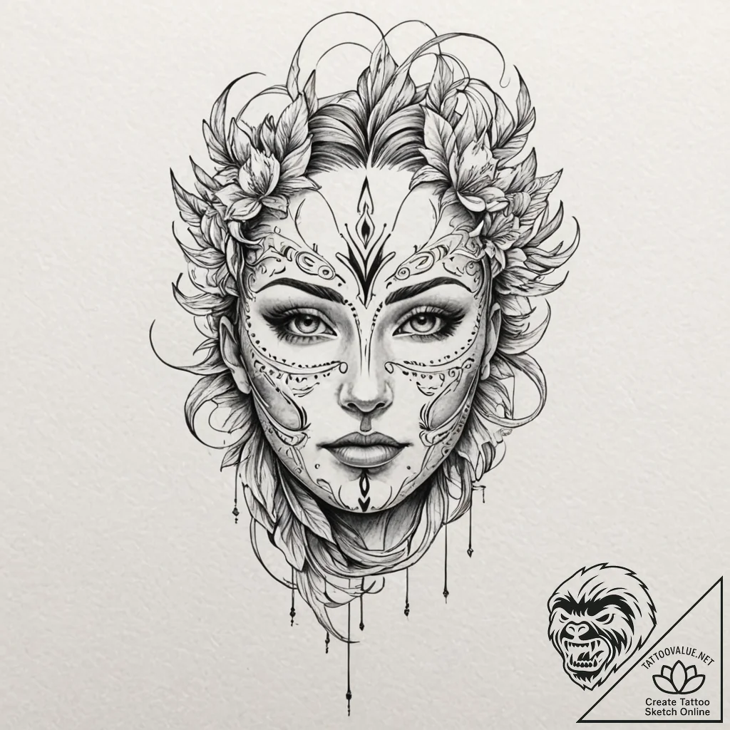 Mask with hollow gaze, tattoo drawing outline... - tattoo sketch (№1752323118_0, 12.07.2025 12:25) — tattoovalue.net