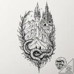 Glacial serpent beneath shattered spire, tatt… – tattoo sketch (№1752323367_0, 12.07.2025 12:29) — tattoovalue.net