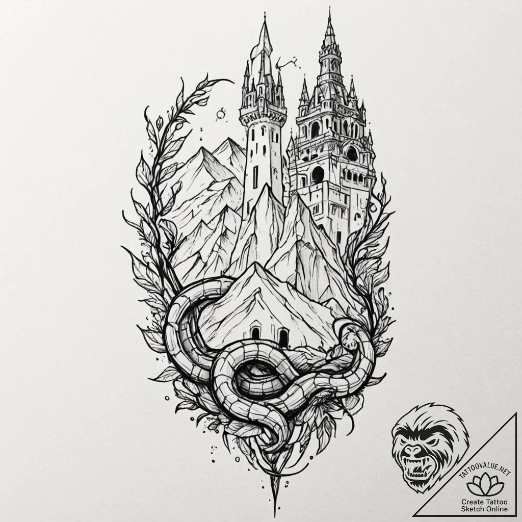 Glacial serpent beneath shattered spire, tatt... - tattoo sketch (№1752323367_0, 12.07.2025 12:29) — tattoovalue.net