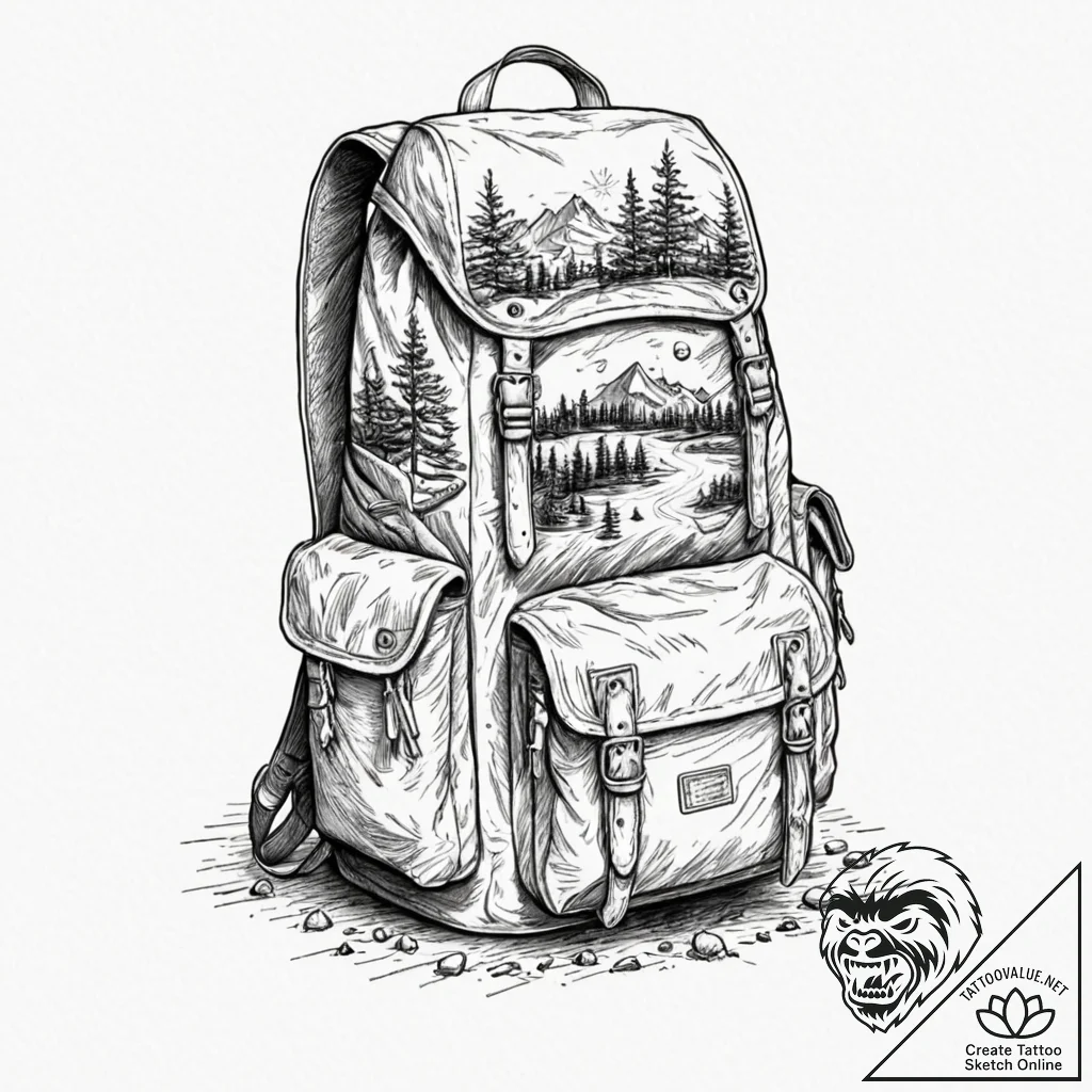 A detailed backpack with camping gear, prepar... - tattoo sketch (№1752323452_0, 12.07.2025 12:30) — tattoovalue.net