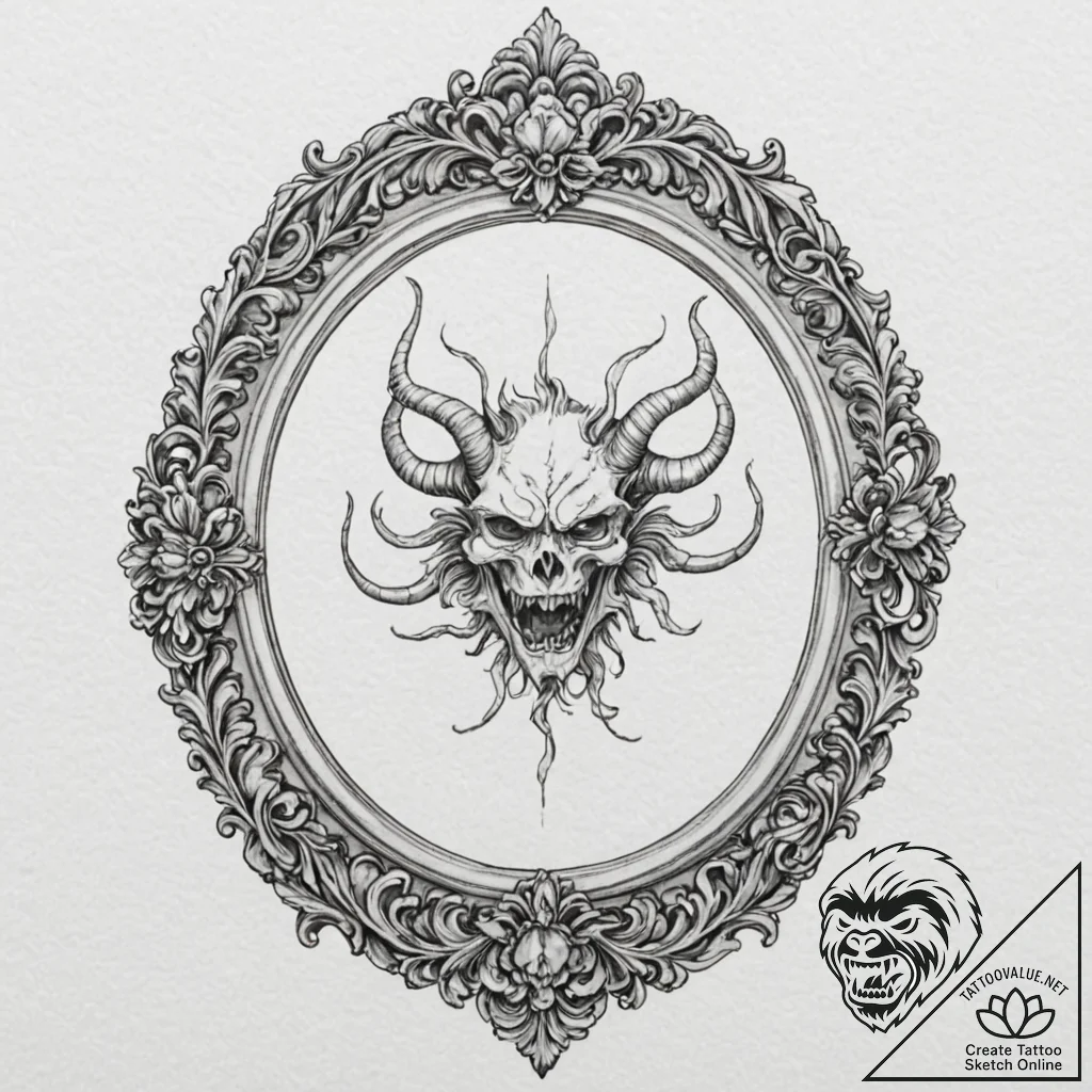 Baroque mirror with demon trapped, artistic t... - tattoo sketch (№1752323619_0, 12.07.2025 12:33) — tattoovalue.net