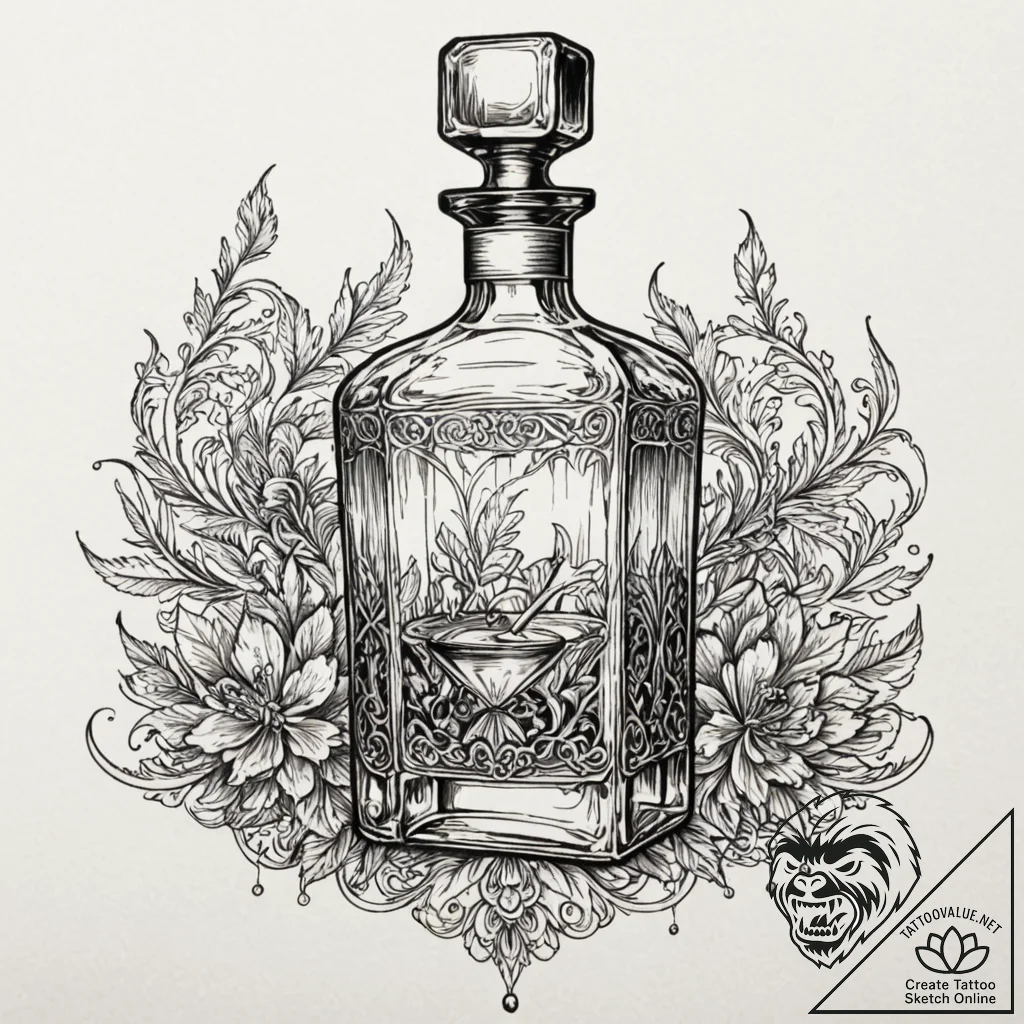 Decanter of fine whiskey with a single glass,... - tattoo sketch (№1752324121_0, 12.07.2025 12:42) — tattoovalue.net