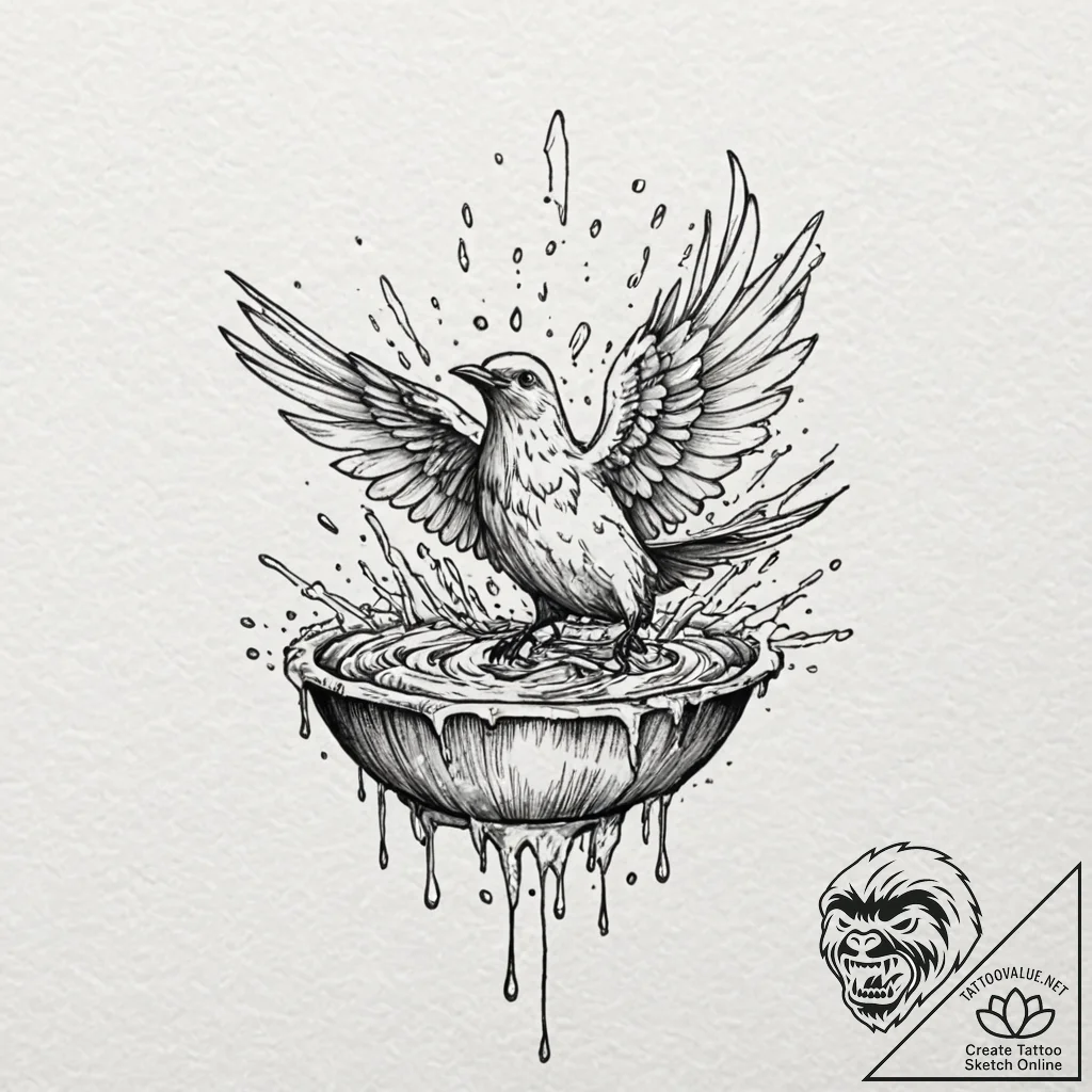 A whimsical bird taking a bath, splashing,, i... - tattoo sketch (№1752324372_0, 12.07.2025 12:46) — tattoovalue.net