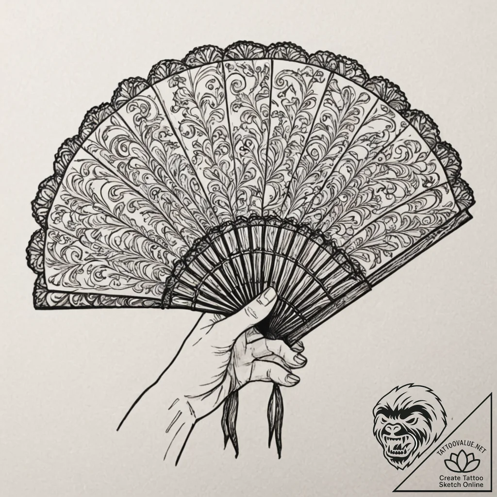 Lace fan, held by a delicate, ghostly hand, t... - tattoo sketch (№1752325541_0, 12.07.2025 13:05) — tattoovalue.net