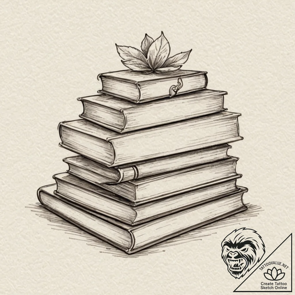 A detailed book stack, knowledge,, tattoo fla... - tattoo sketch (№1752325960_0, 12.07.2025 13:12) — tattoovalue.net