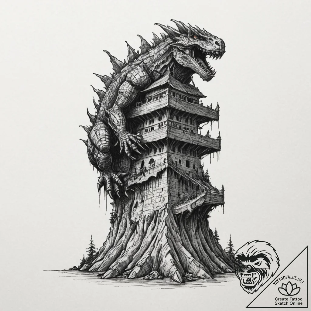 Kaiju fangs breaking bone tower, artistic tat... - tattoo sketch (№1752326044_0, 12.07.2025 13:14) — tattoovalue.net