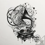 Decaying gramophone playing a silent tune, ta… – tattoo sketch (№1752326291_0, 12.07.2025 13:18) — tattoovalue.net